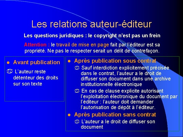 Les relations auteur-éditeur Les questions juridiques : le copyright n’est pas un frein Attention