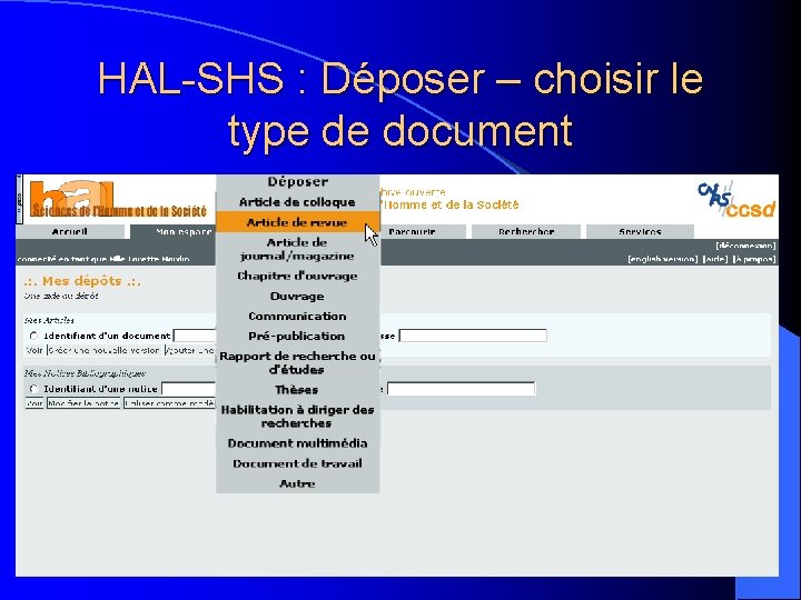 HAL-SHS : Déposer – choisir le type de document 