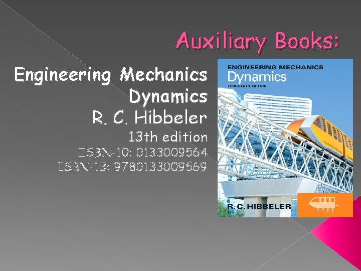 Auxiliary Books: Engineering Mechanics Dynamics R. C. Hibbeler 13 th edition ISBN-10: 0133009564 ISBN-13: