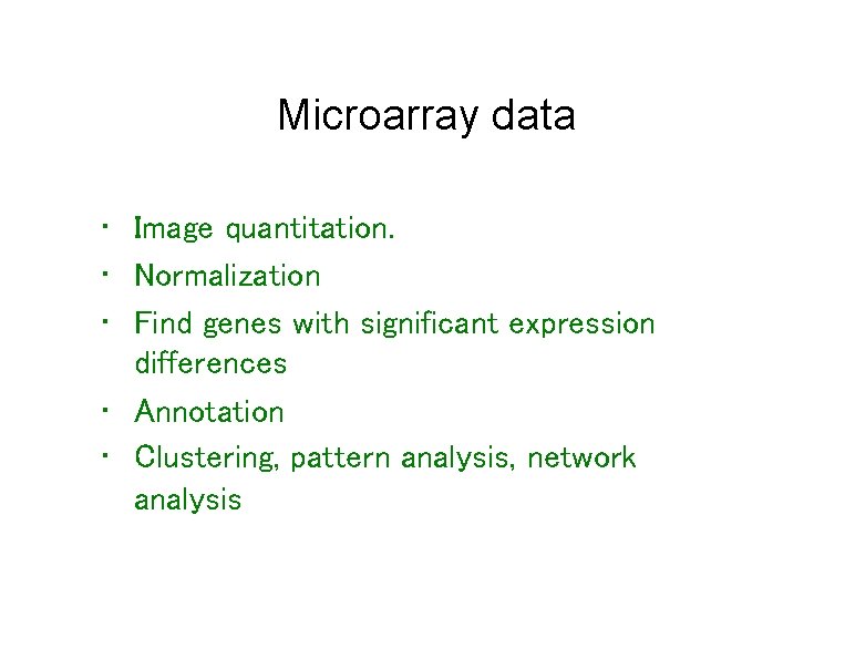 Microarray data • Image quantitation. • Normalization • Find genes with significant expression differences