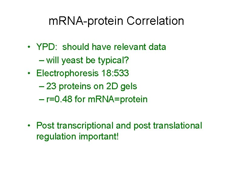 m. RNA-protein Correlation • YPD: should have relevant data – will yeast be typical?