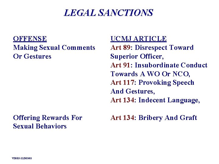 LEGAL SANCTIONS OFFENSE Making Sexual Comments Or Gestures UCMJ ARTICLE Art 89: Disrespect Toward LEGAL SANCTIONS OFFENSE Making Sexual Comments Or Gestures UCMJ ARTICLE Art 89: Disrespect Toward