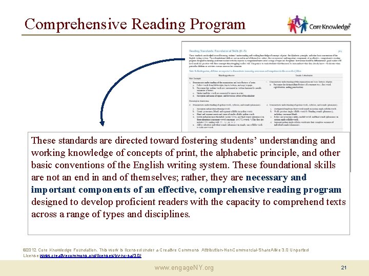 Comprehensive Reading Program These standards are directed toward fostering students’ understanding and working knowledge