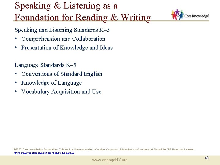 Speaking & Listening as a Foundation for Reading & Writing Speaking and Listening Standards