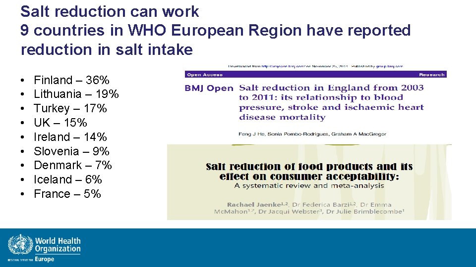 Salt reduction can work 9 countries in WHO European Region have reported reduction in
