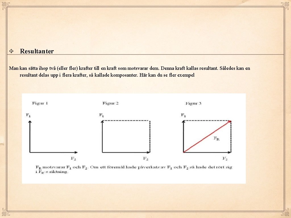 Resultanter Man kan sätta ihop två (eller fler) krafter till en kraft som motsvarar