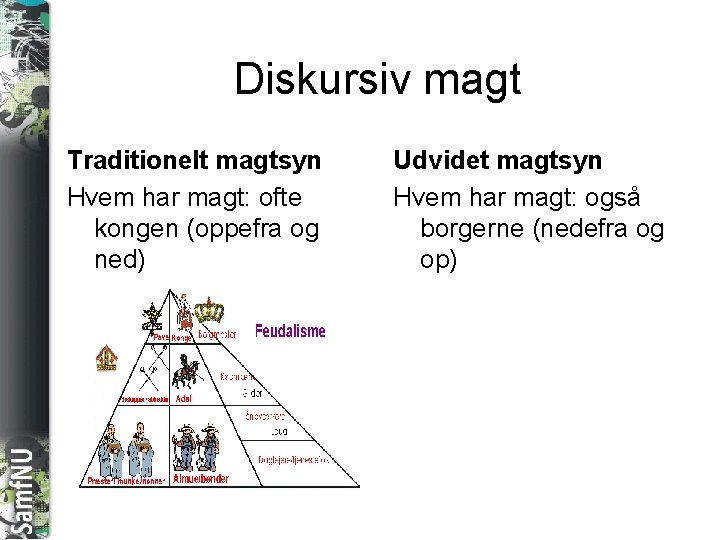 SAMFNU Diskursiv magt Traditionelt magtsyn Hvem har magt: ofte kongen (oppefra og ned) Udvidet