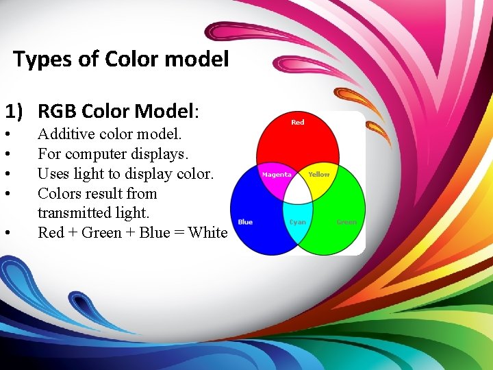 Types of Color model 1) RGB Color Model: • • • Additive color model.