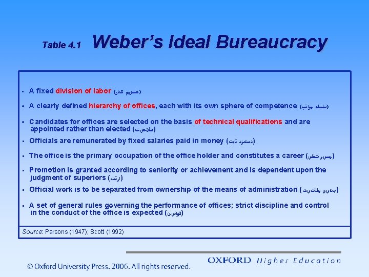 Table 4. 1 Weber’s Ideal Bureaucracy • A fixed division of labor ( )ﺗﻘﺴیﻢ Table 4. 1 Weber’s Ideal Bureaucracy • A fixed division of labor ( )ﺗﻘﺴیﻢ