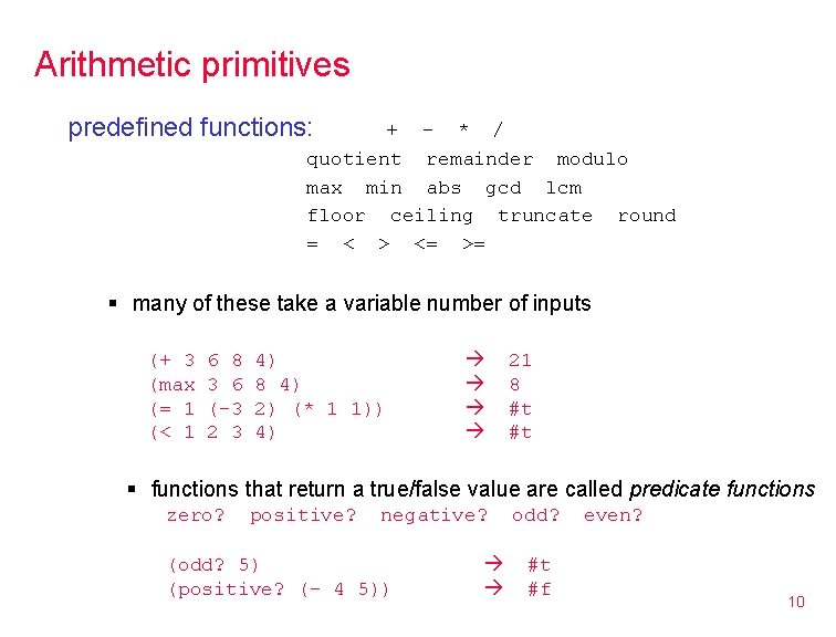 Arithmetic primitives predefined functions: + - * / quotient remainder modulo max min abs