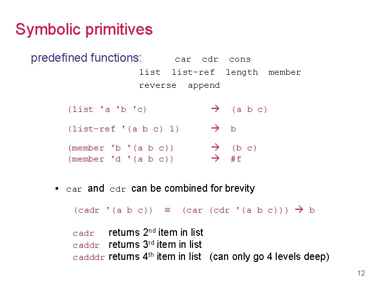 Symbolic primitives predefined functions: car cdr cons list-ref length reverse append (list 'a 'b