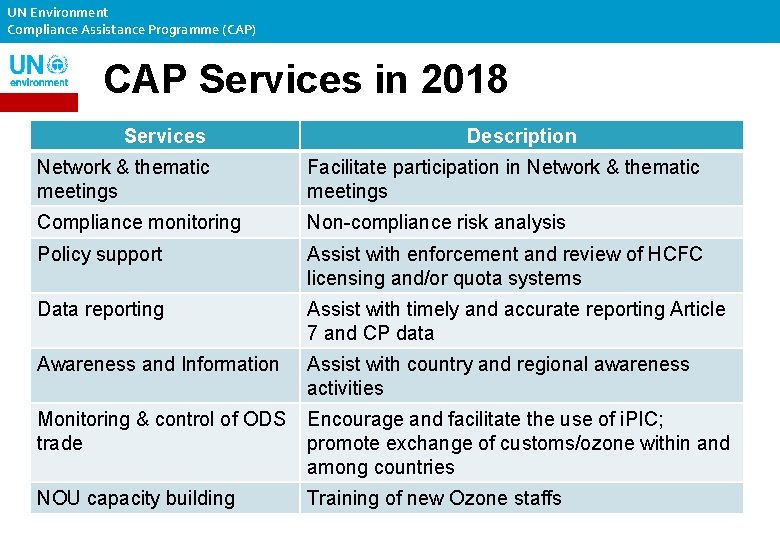 UN Environment Compliance Assistance Programme (CAP) CAP Services in 2018 Services Description Network &