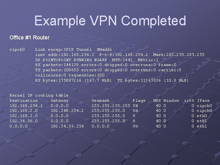 Example VPN Completed Office #1 Router cipcb 0 Link encap: IPIP Tunnel HWaddr inet