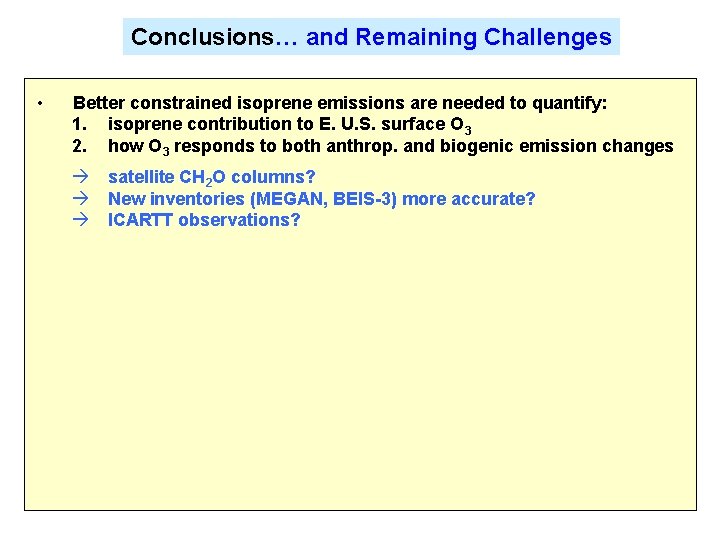 Conclusions… and Remaining Challenges • Better constrained isoprene emissions are needed to quantify: 1.