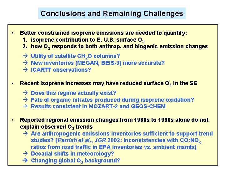 Conclusions and Remaining Challenges • Better constrained isoprene emissions are needed to quantify: 1.