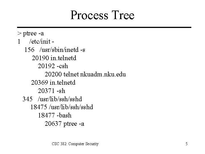 Process Tree > ptree -a 1 /etc/init 156 /usr/sbin/inetd -s 20190 in. telnetd 20192