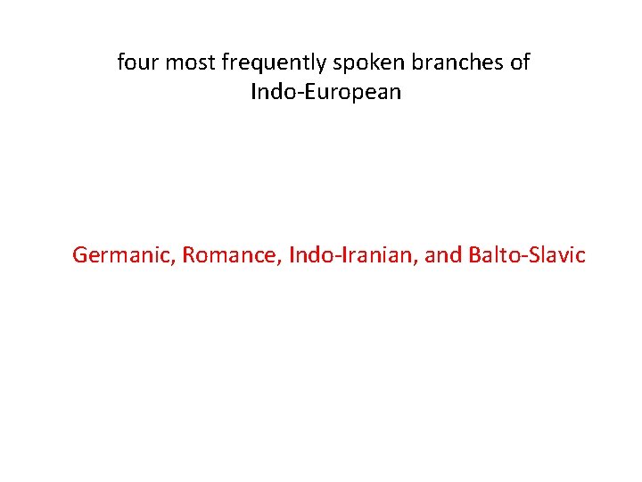 four most frequently spoken branches of Indo-European Germanic, Romance, Indo-Iranian, and Balto-Slavic 