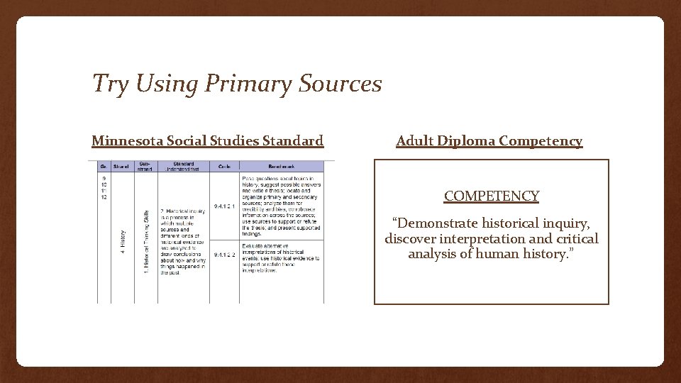 Try Using Primary Sources Minnesota Social Studies Standard Adult Diploma Competency COMPETENCY “Demonstrate historical