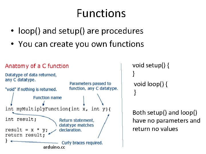 Functions • loop() and setup() are procedures • You can create you own functions