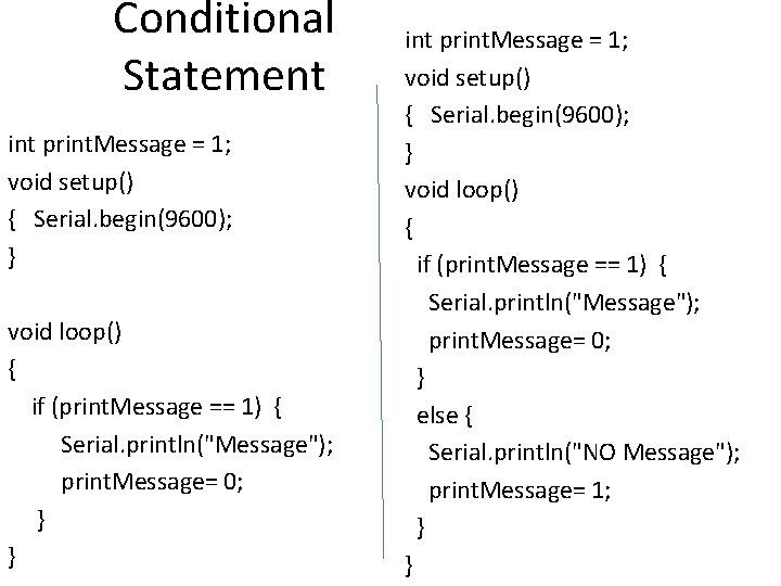 Conditional Statement int print. Message = 1; void setup() { Serial. begin(9600); } void