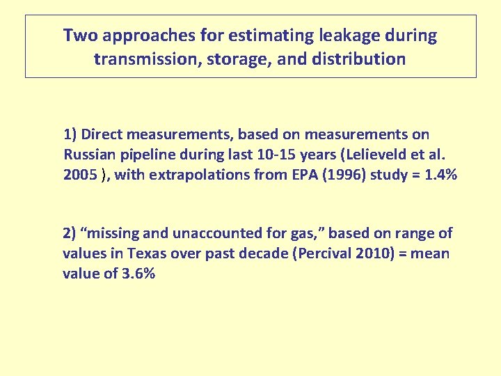 Two approaches for estimating leakage during transmission, storage, and distribution 1) Direct measurements, based