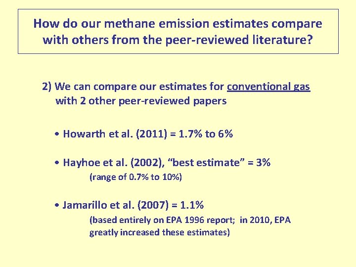 How do our methane emission estimates compare with others from the peer-reviewed literature? 2)