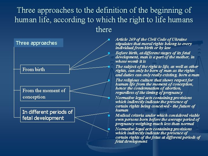 Three approaches to the definition of the beginning of human life, according to which