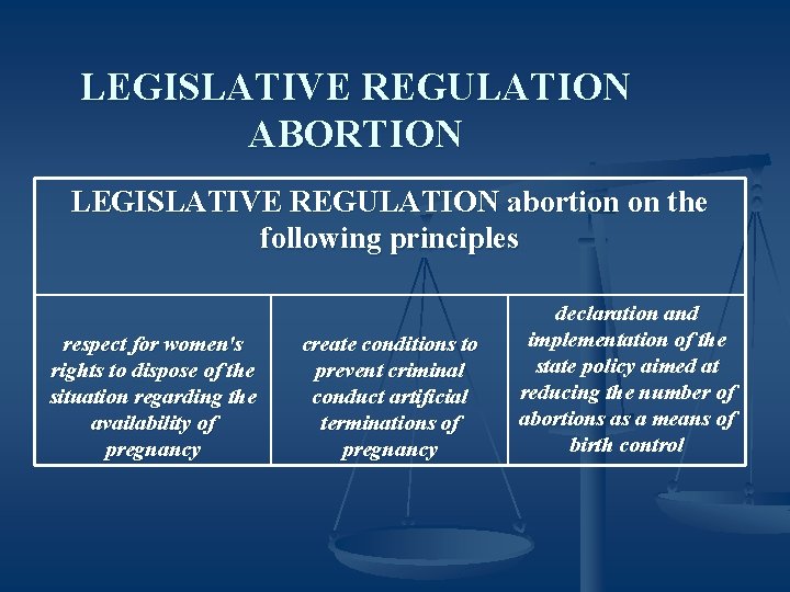 LEGISLATIVE REGULATION ABORTION LEGISLATIVE REGULATION abortion on the following principles respect for women's rights