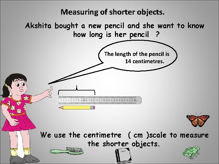 Measuring of shorter objects. Akshita bought a new pencil and she want to know