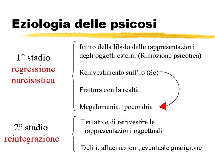 Eziologia delle psicosi 1° stadio regressione narcisistica Ritiro della libido dalle rappresentazioni degli oggetti