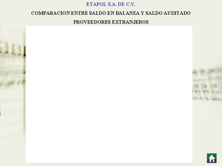 ETAPOL S. A. DE C. V. COMPARACION ENTRE SALDO EN BALANZA Y SALDO AUDITADO ETAPOL S. A. DE C. V. COMPARACION ENTRE SALDO EN BALANZA Y SALDO AUDITADO