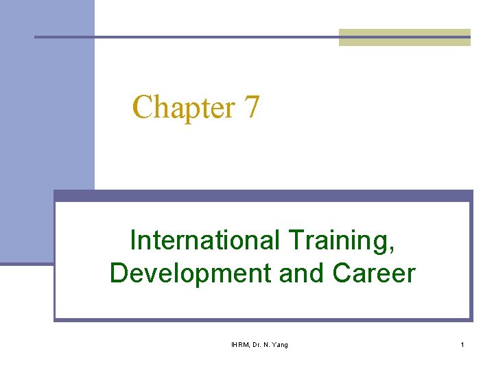 Chapter 7 International Training, Development and Career IHRM, Dr. N. Yang 1 