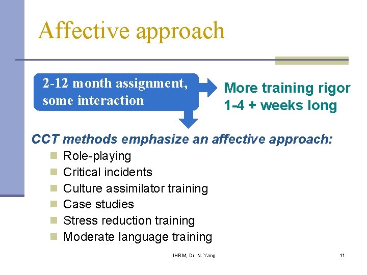 Affective approach 2 -12 month assignment, some interaction More training rigor 1 -4 +