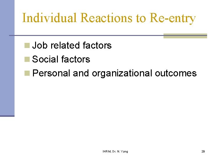 Individual Reactions to Re-entry n Job related factors n Social factors n Personal and