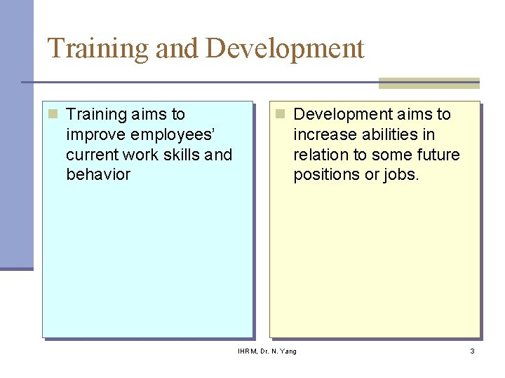 Training and Development n Training aims to improve employees’ current work skills and behavior