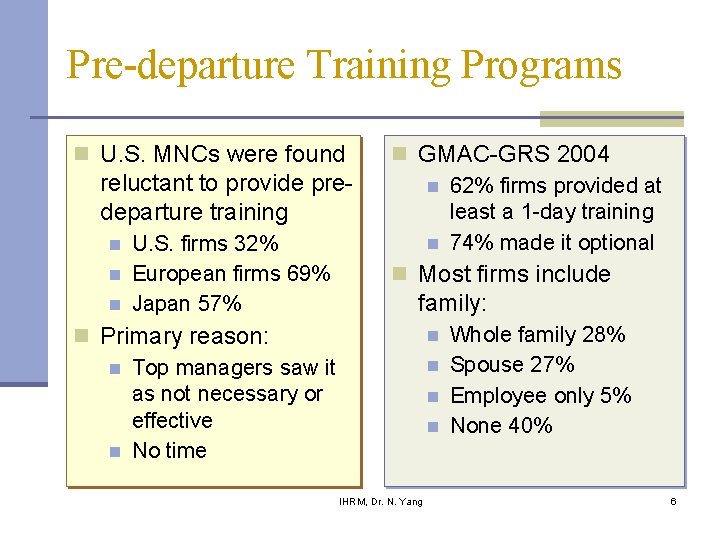 Pre-departure Training Programs n U. S. MNCs were found reluctant to provide predeparture training