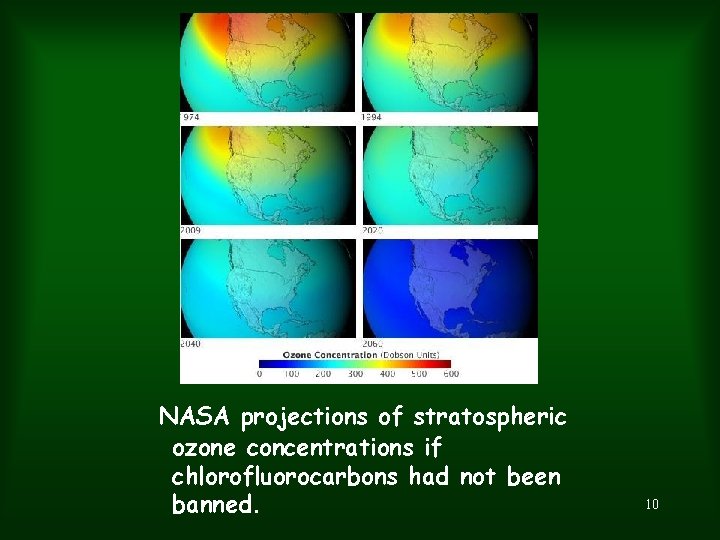 NASA projections of stratospheric ozone concentrations if chlorofluorocarbons had not been banned. 10 