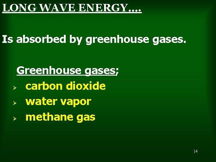 LONG WAVE ENERGY…. Is absorbed by greenhouse gases. Greenhouse gases; Ø carbon dioxide Ø