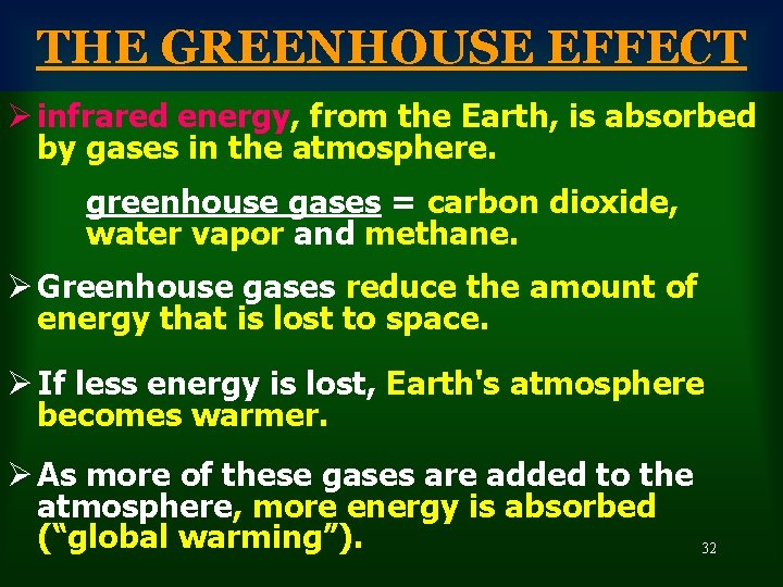 THE GREENHOUSE EFFECT Ø infrared energy, from the Earth, is absorbed by gases in