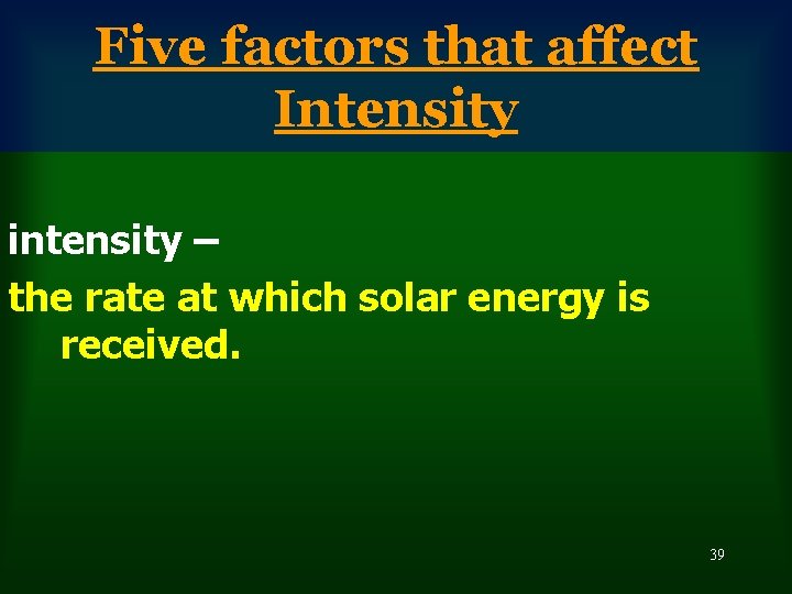 Five factors that affect Intensity intensity – the rate at which solar energy is