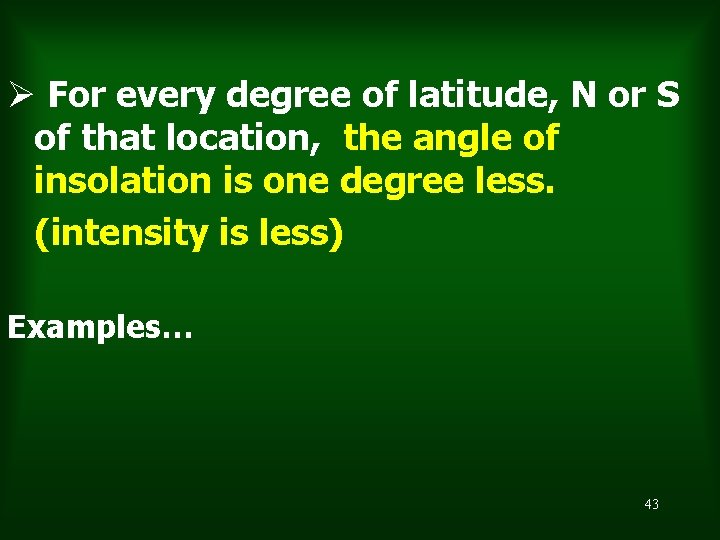 Ø For every degree of latitude, N or S of that location, the angle