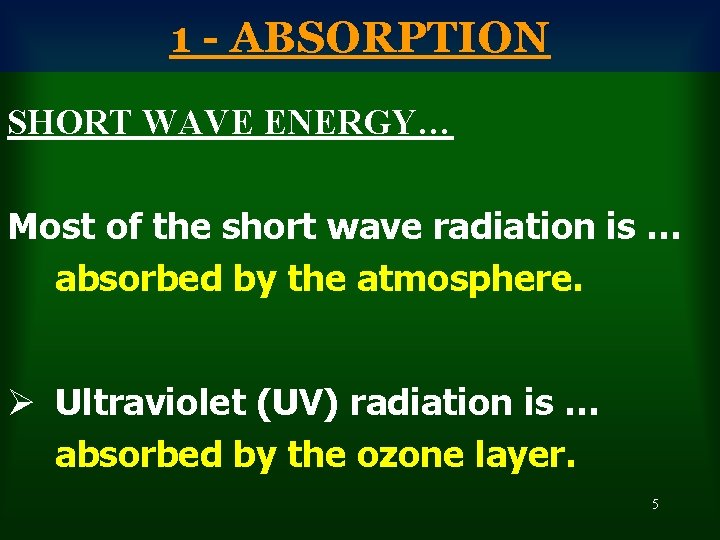 1 - ABSORPTION SHORT WAVE ENERGY… Most of the short wave radiation is …