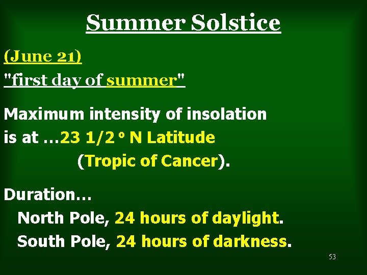 Summer Solstice (June 21) "first day of summer" Maximum intensity of insolation is at