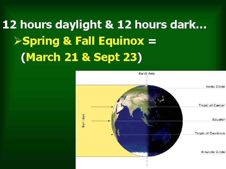 12 hours daylight & 12 hours dark… ØSpring & Fall Equinox = (March 21