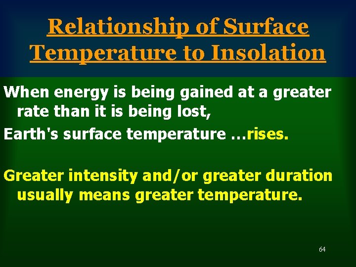 Relationship of Surface Temperature to Insolation When energy is being gained at a greater