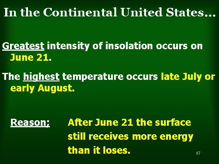 In the Continental United States… Greatest intensity of insolation occurs on June 21. The