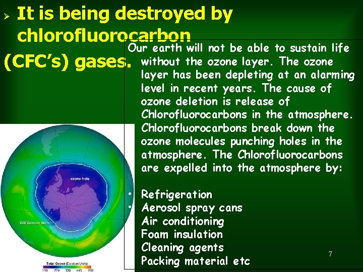 It is being destroyed by chlorofluorocarbon Our earth will not be able to sustain
