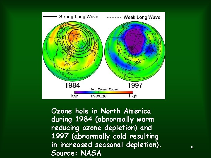 Ozone hole in North America during 1984 (abnormally warm reducing ozone depletion) and 1997