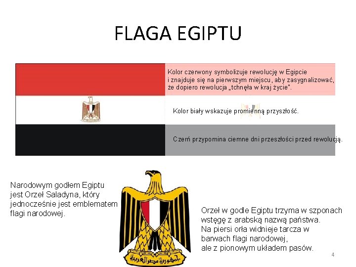 FLAGA EGIPTU Kolor czerwony symbolizuje rewolucję w Egipcie i znajduje się na pierwszym miejscu,