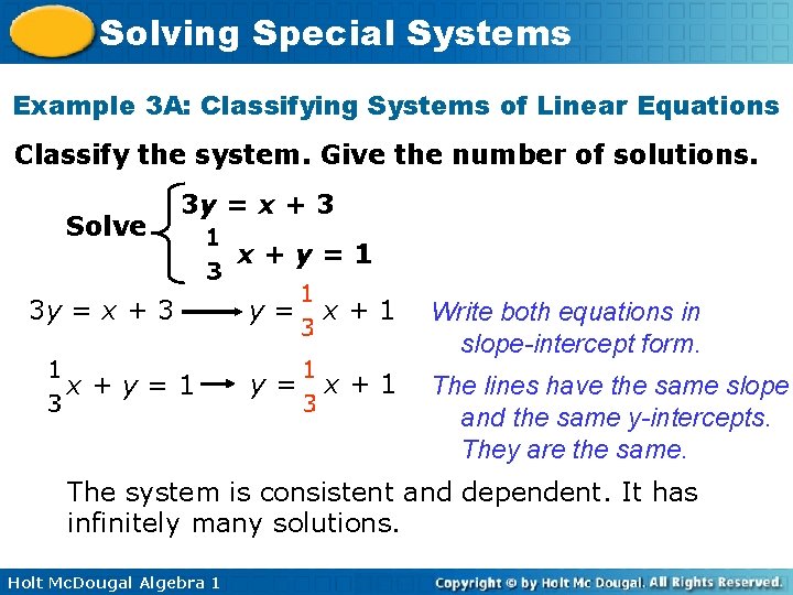 Solving Special Systems Example 3 A: Classifying Systems of Linear Equations Classify the system. Solving Special Systems Example 3 A: Classifying Systems of Linear Equations Classify the system.